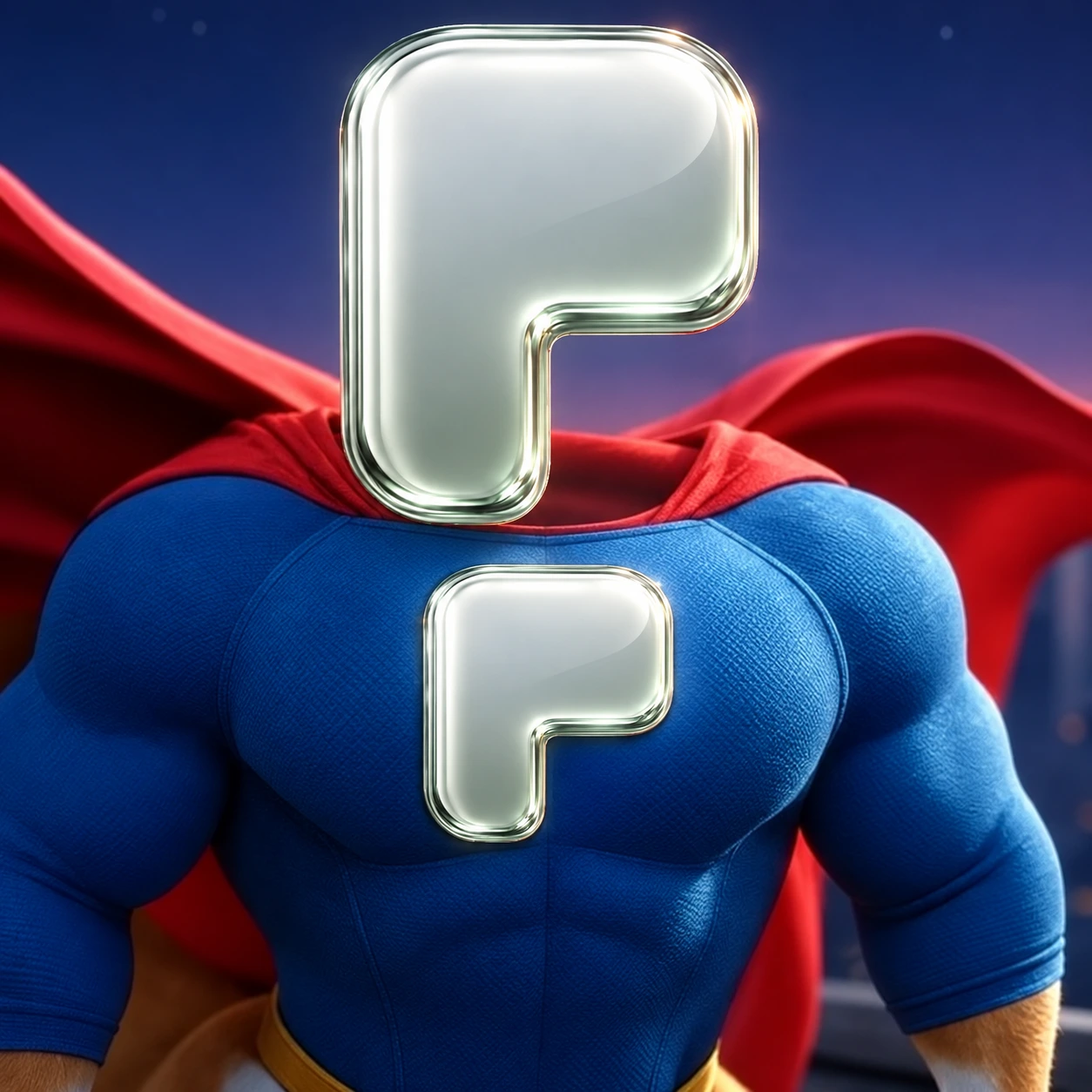Super PONS hero in a blue suit and red cape, with a chrome P emblem